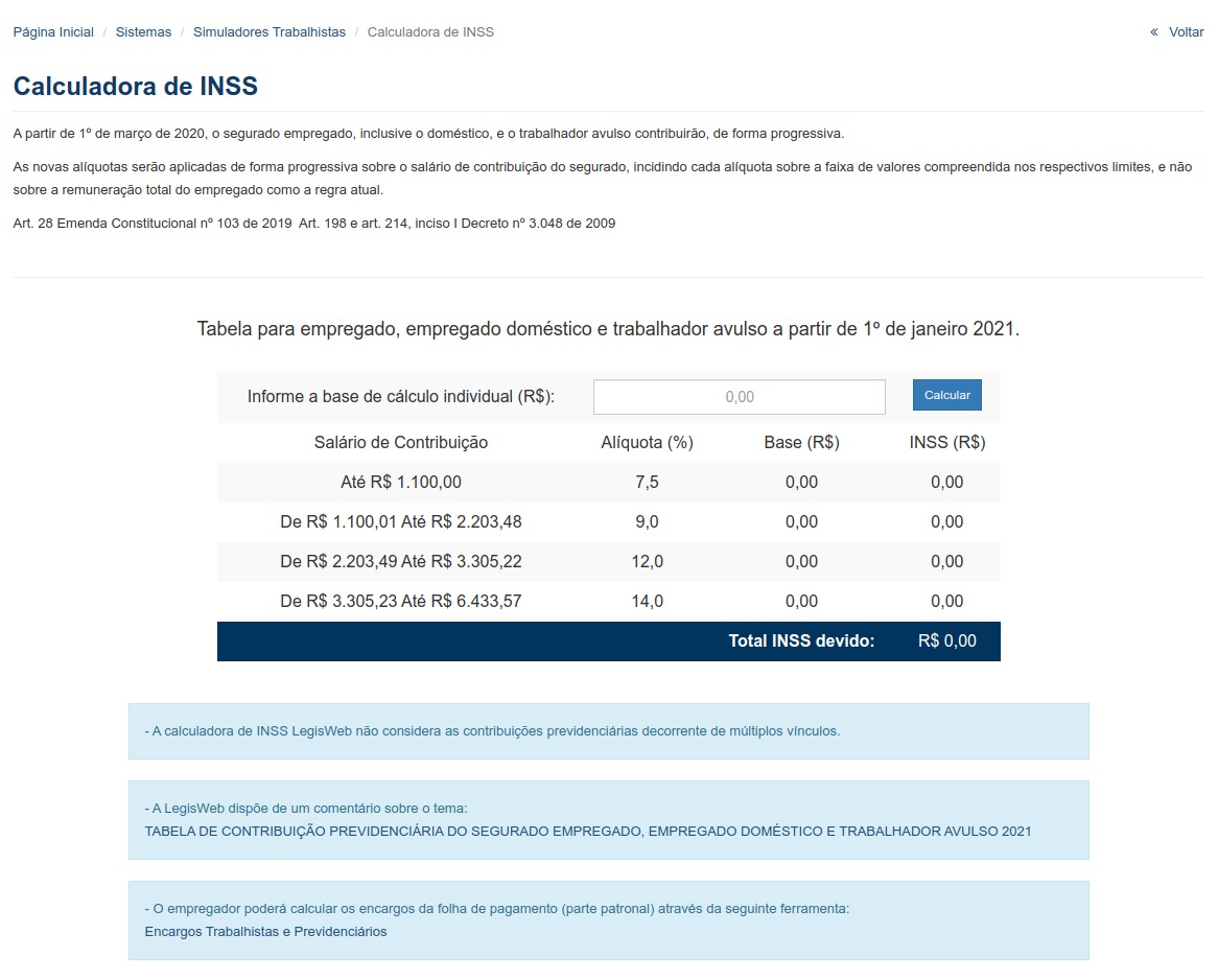 Simuladores Trabalhistas - Calculadora de INSS