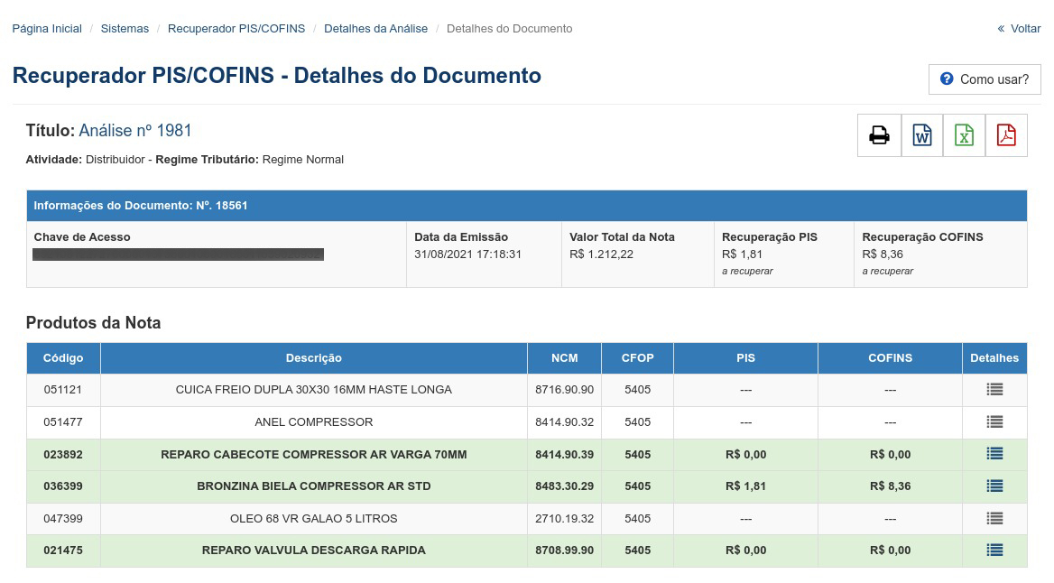 Detalhes do Documento (Regime Normal)