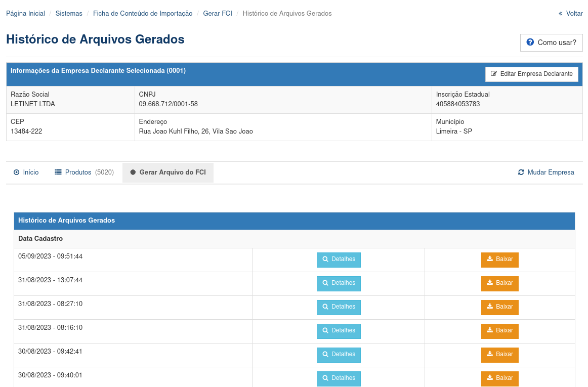 Histrico de Arquivos Gerados